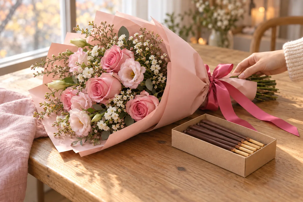 창가 나무 탁자에 놓인 분홍 장미 꽃다발과 상자에 담긴 초콜릿 막대 과자 - 빼빼로데이 꽃 선물 연출